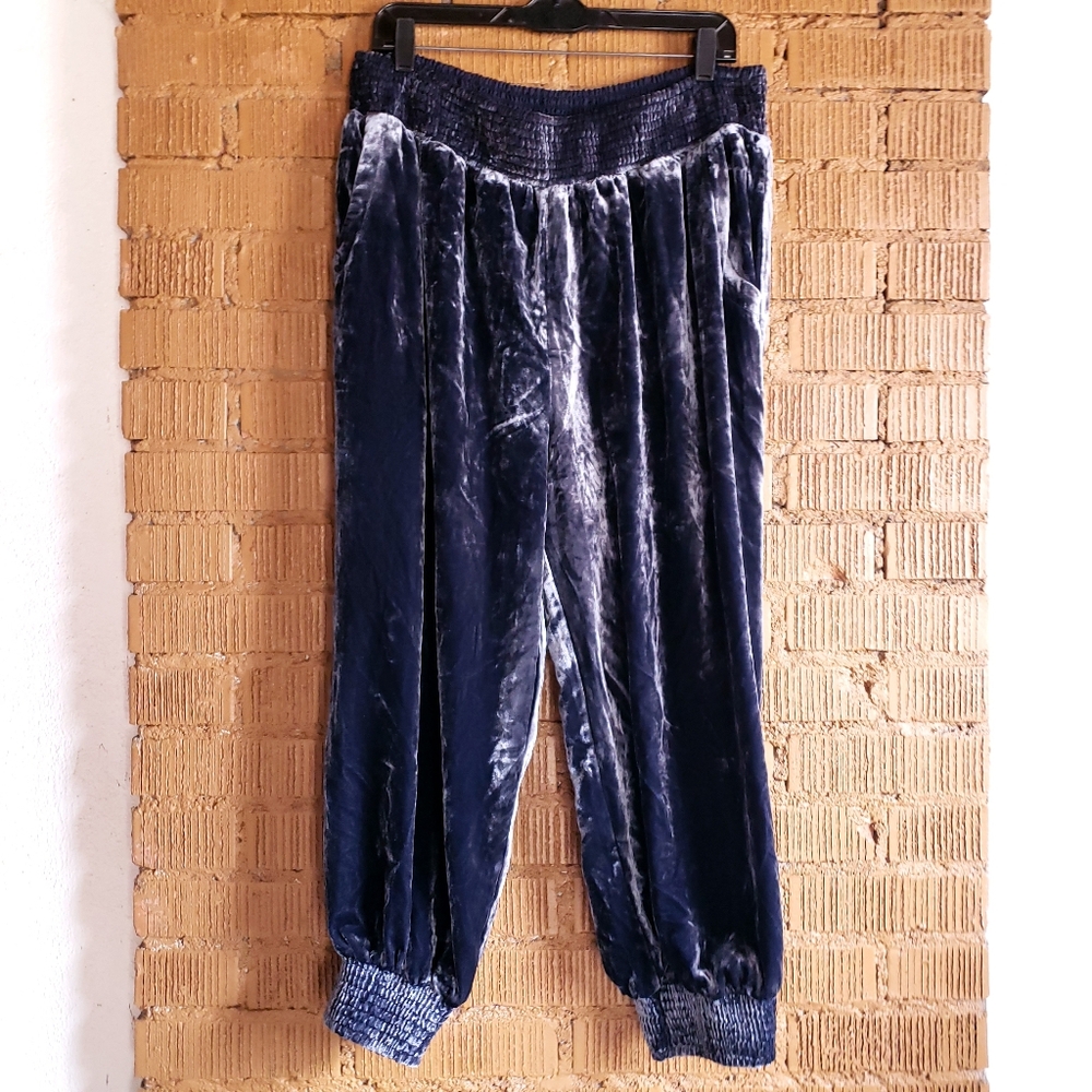 Anthropologie Navy Blue Crushed Velvet Relaxed Joggers